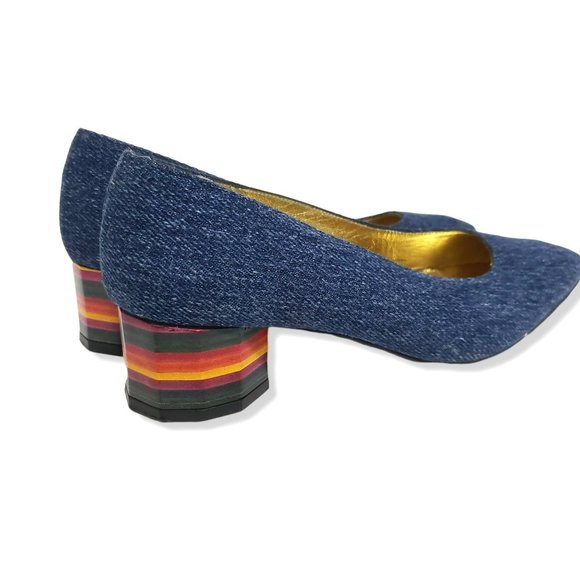 Timothy Hitsman Shoes - Vtg Timothy Hitsman Blue Denim Wood Block RAINBOW Heel Pumps Size 6